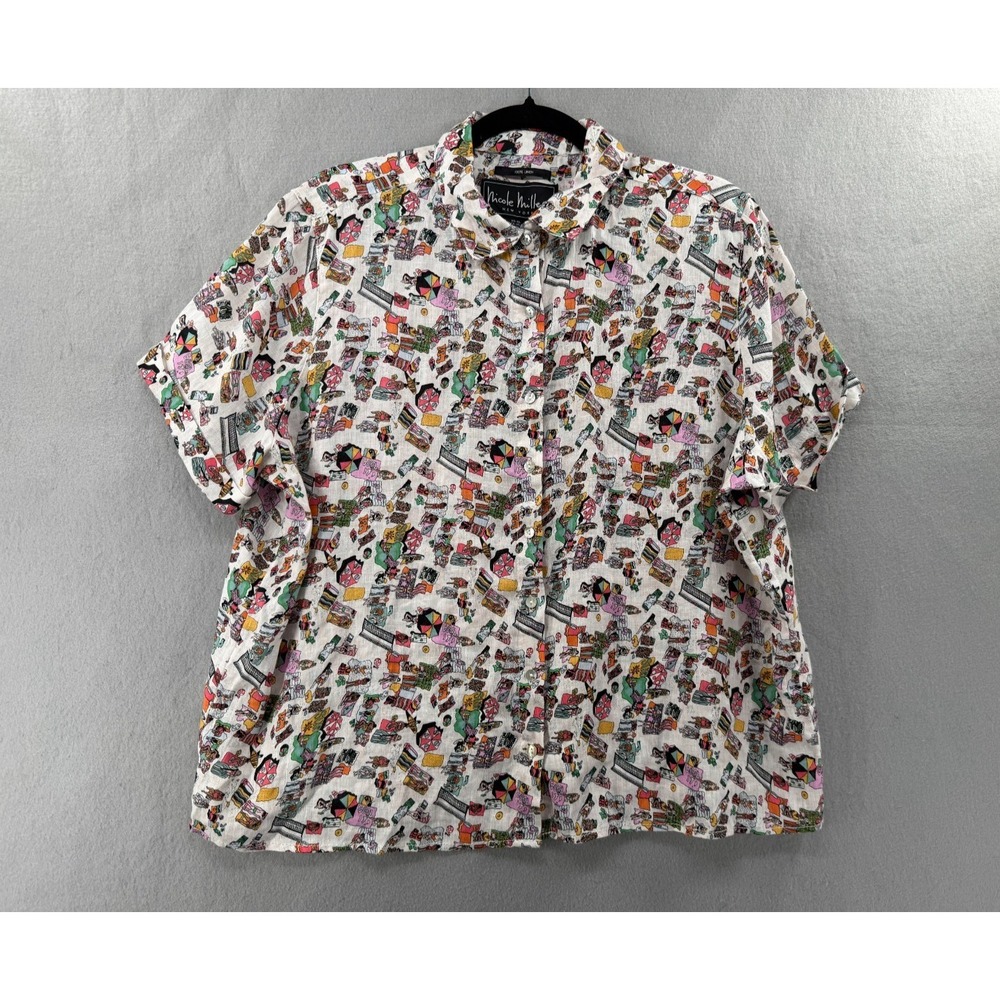 Nicole Miller Shirt Womens XL 100% Linen Novelty Resortwear Whimsical Motif NWT